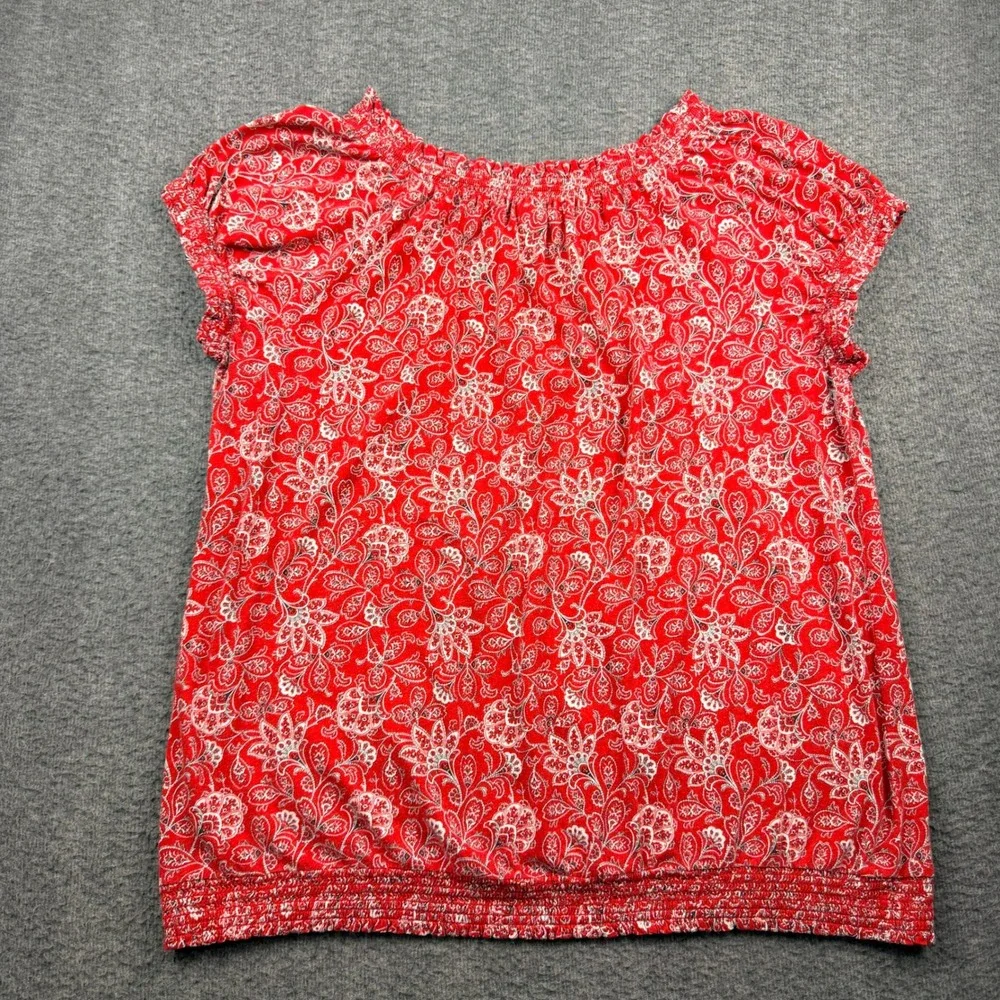 Chaps Women's 2X Red Paisley‎ Floral Cap Sleeve Blouse Top Cotton